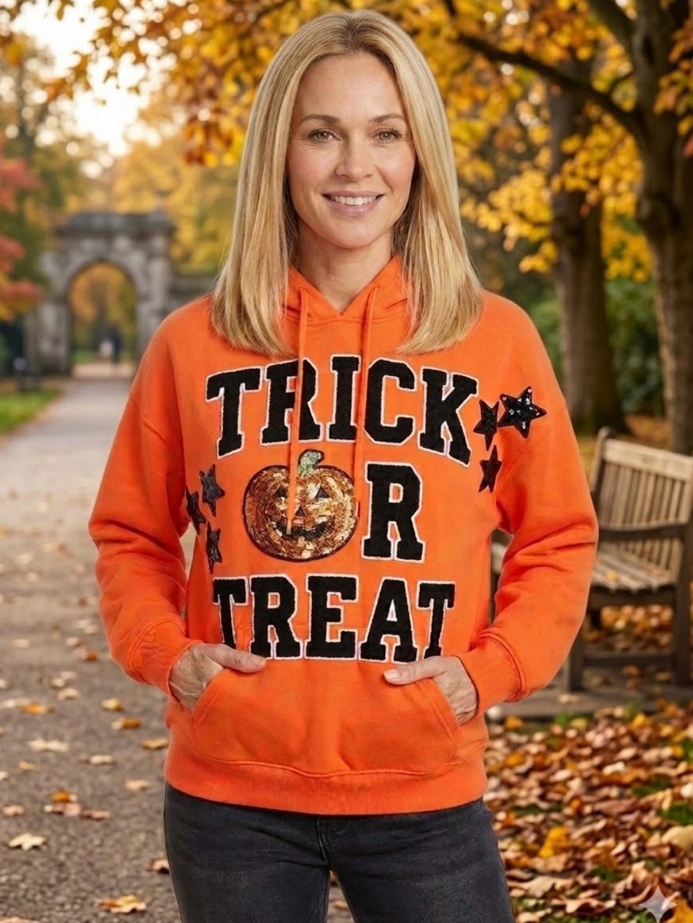 Judith March Trick Or Treat Orange Hooded Pullover Chenille Sequin Patches Small